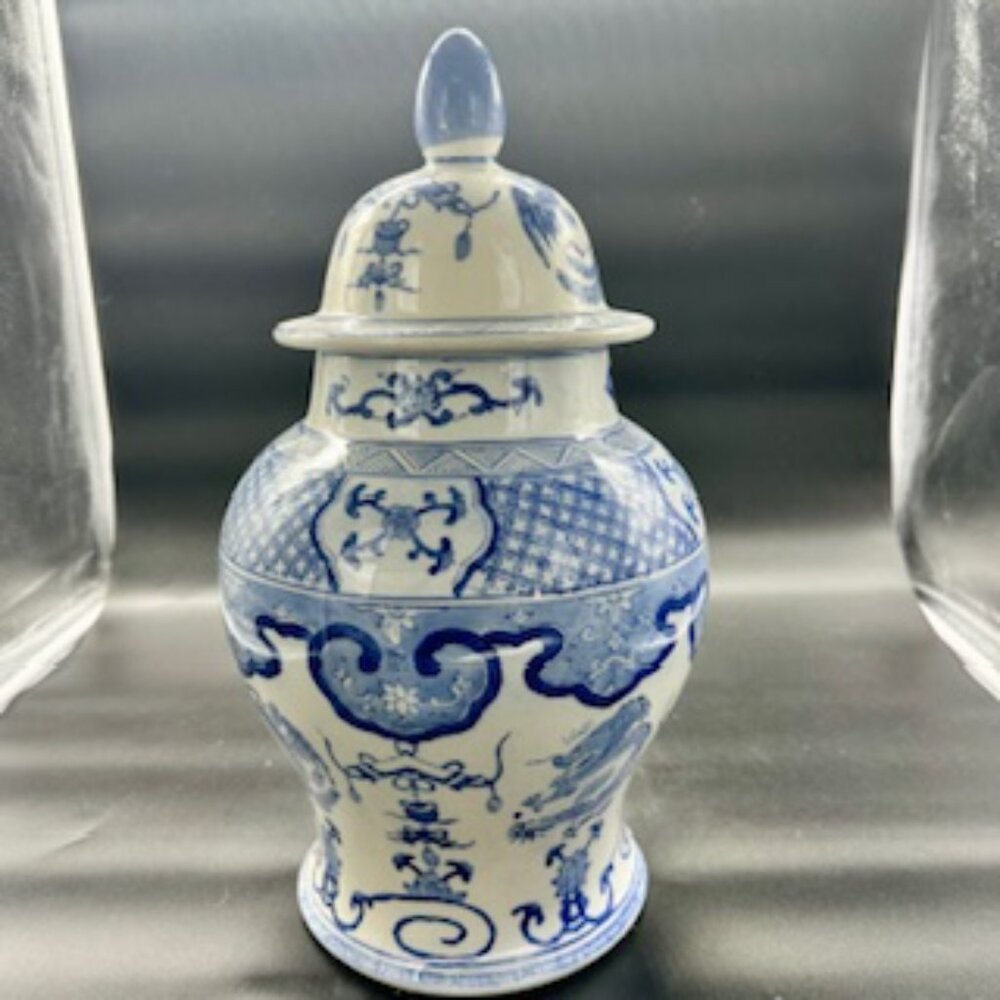 Vintage Chinese Ceramic Urn with Lid, Blue and White Lattice and Dragon Patt